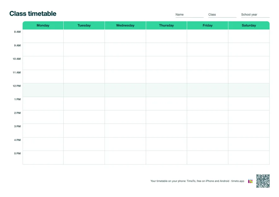 Blank class timetable, Monday to Saturday, hourly rows from 8 AM to 5 PM