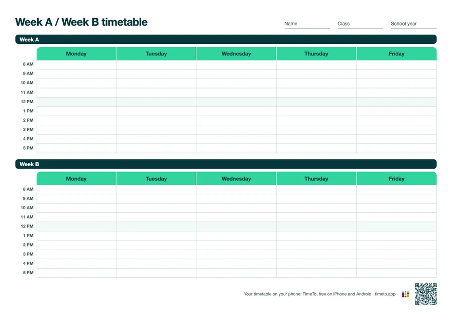 Week A and week B timetable on one A4 page