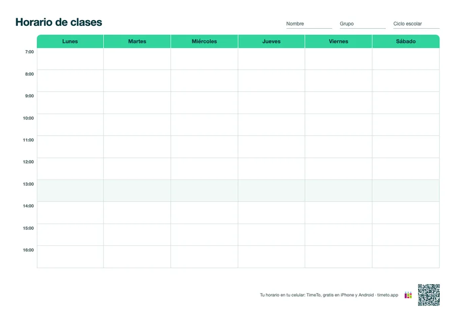 Horario de clases en blanco de lunes a sábado, de 7:00 a 16:00