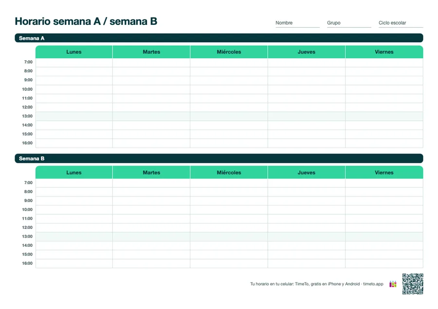 Horario de semana A y semana B en una sola hoja A4