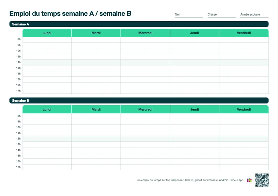 Emploi du temps semaine A et semaine B sur une seule page A4